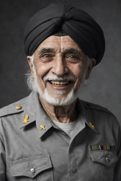 close-up photo portrait of a 80 yo aged Arab man, short grey hair, beard, black eyes, joyful face expression, turban, holding ak-47, military, simple background