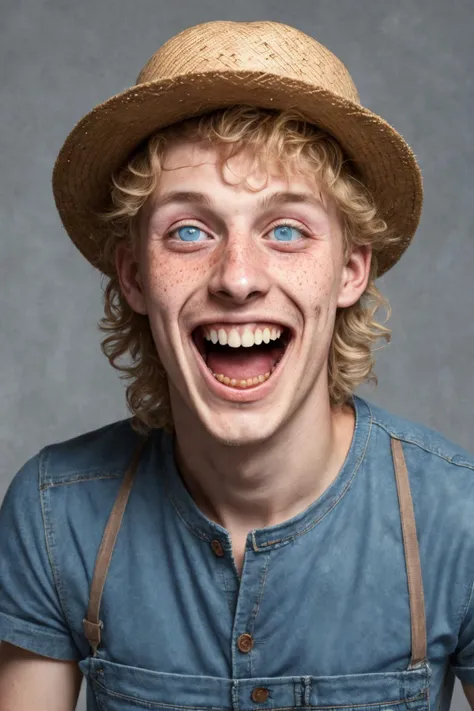 close-up photo portrait of a 20 yo european man, blond short curly hair, blue eyes, laughing face expression, freckles, denim overall, t-shirt, straw hat, farmer, simple background