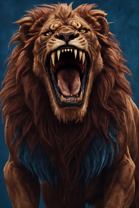 close-up photo portrait of a great red lion, blue eyes, very long lion's mane, roaring, open mouth, fangs, animal, no humans, simple background