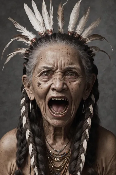 close-up photo portrait of a 100 yo old native american woman, grey hair, brown eyes, screaming face expression, twin braids, warbonnet, feathers, tribal, simple background