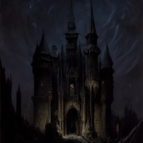 ((best quality)), ((masterpiece)), (detailed), dark medieval castle, crescent, beautiful composition, by Frank Frazetta