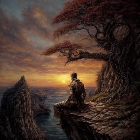 ((best quality)), ((masterpiece)), (detailed), the wanderer sits on the edge of a cliff with his back to the viewer, looking at the sunset, his staff leaning against a tree, oil on canvas, dry brush