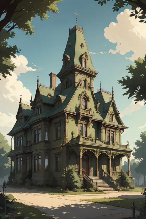 masterpiece, Best quality, palace, house, <lora:palace_house2:0.4>, bright colors, gothic <lora:add_detail:-1>, (green exterior wall:1.2)