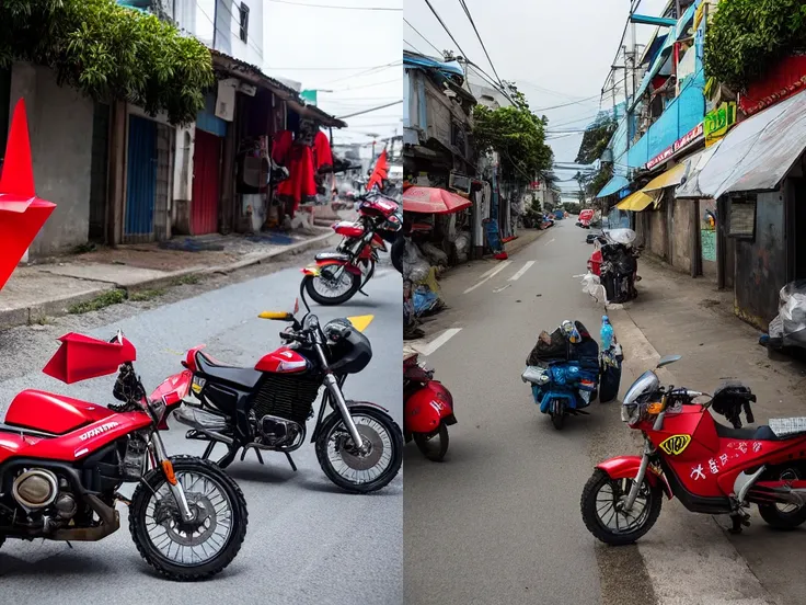 A variety of signs on the road in Taiwan, many motorcycles parked on sidewalk. red triangular cones placed in parking spaces. buildings made of corrugated metal, some with barred windows. taxis stoped stop close to house, dirty trash, A variety of signs on the road in Taiwan, many motorcycles parked on sidewalk. red triangular cones placed in parking spaces. buildings made of corrugated metal, some with barred windows. taxis stoped stop close to house, dirty trash