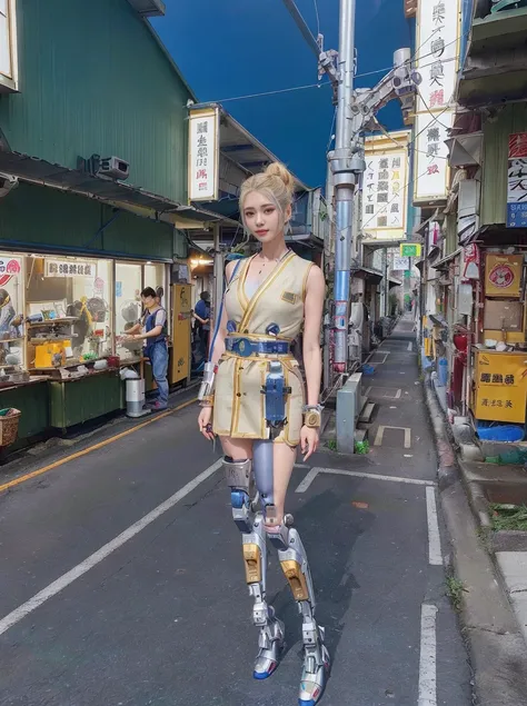 (8k, RAW photo, best quality, masterpiece:1.2), (realistic, photo-realistic:1.4), (ultra_highres), (ultra-detailed),
1girl, beautiful face, taiwanese, black hair, top knot,long hair, ((hairpin)), slick back,
((cyborg, android)), cyberpunk, ((indigo porcelain cover)), electric wire, robotics, (exoskeletons, mechanical upgrades, bionic limbs:1.2), prosthetic technology, ((indigo body parts)), medium breasts, gold rims, platinum rims, mechanical, shimmering led,
japanese family coat, sleeveless, indigo, short socks, Kamon,
standing, robotic arms around knees,
metal steel building, street,
(pureerosface_v1:0.8)
