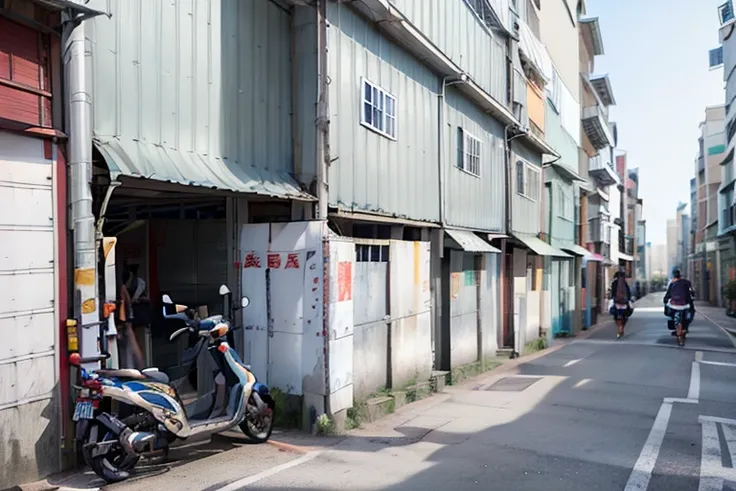 masterpiece, best quality, highres, 1girl,walking on the street, <lora:taiwanMetalSteel_v10:0.8>,(metal steel building:1.3), focus on background, upper body, <lora:aiBeautyIthlinni_ithlinniV1:0.8>, long wavy hair, A variety of signs on the road in Taiwan, many motorcycles parked on sidewalk. buildings made of corrugated metal, some with barred windows. taxis stoped stop close to house, dirty trash