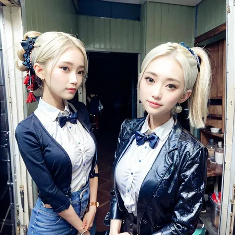masterpiece,best quality,ultra-detailed,High detail,realistic,2 girls,ornate,looking at viewer,slim butt,full body portrait,smile,skinny,perfect skin,jpop,Earrings,detailed clothes,((black suit,red tie)),detailed face,white lace neck ring,metal steel building:1.4,((wide angle)),detailed face,hayasaka_ai,blue_scrunchie,short hair,blue_eyes,hair_between_eyes, side_ponytail,(blonde_hair:1.2),sidelocks,