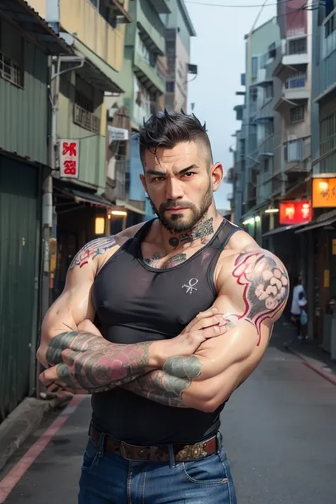 masterpiece, best quality, highres, 1man, on the street, gloomy, <lora:taiwanMetalSteel_v10:0.8>,(metal steel building:1.1), focus on background, upper body, strong taiwanese man, (large arms tattoo:1.4), gangster, shirt, tank top, holding weapon, (pistol:1.3), <lora:turbomale_LoraV6:0.5> , A variety of signs on the road in Taiwan, many motorcycles parked on sidewalk, buildings made of corrugated metal, dirty trash,