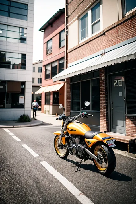 a variety of signs on road, (motorcycles), car parked on sidewalk. potted plant placed closed to shouse. buildings made of corrugated metal, barred windows. (horror:0.2), motorcycle stoped to center of road, trash can, crowds, metal steel building, some police in yellow uniform, (sign:1.6), (hdr:1.25), (hyperrealistic 3d render:1.18), (filmic:0.6), ray trace, defused lights