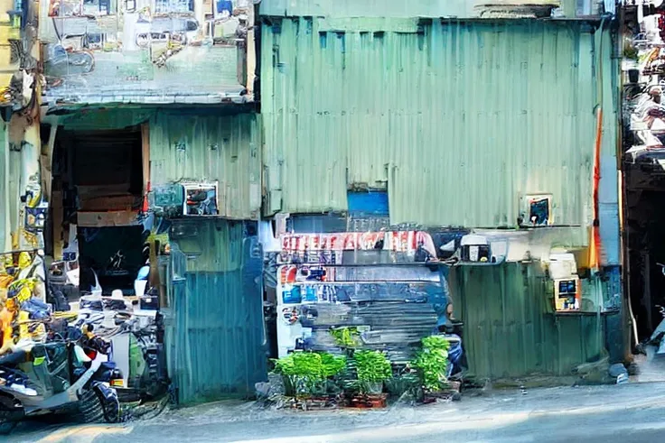 <lora:taiwanMetalSteel_v10:1>, a variety of signs on road, (motorcycles), car parked on sidewalk. potted plant placed closed to house. buildings made of corrugated metal, barred windows. (horror:0.2), motorcycle stoped to center of road, trash can, crowds, metal steel building, some police in yellow uniform, (sign:1.6), (hdr:1.25), (hyperrealistic 3d render:1.18), (filmic:0.6), ray trace, defused lights,