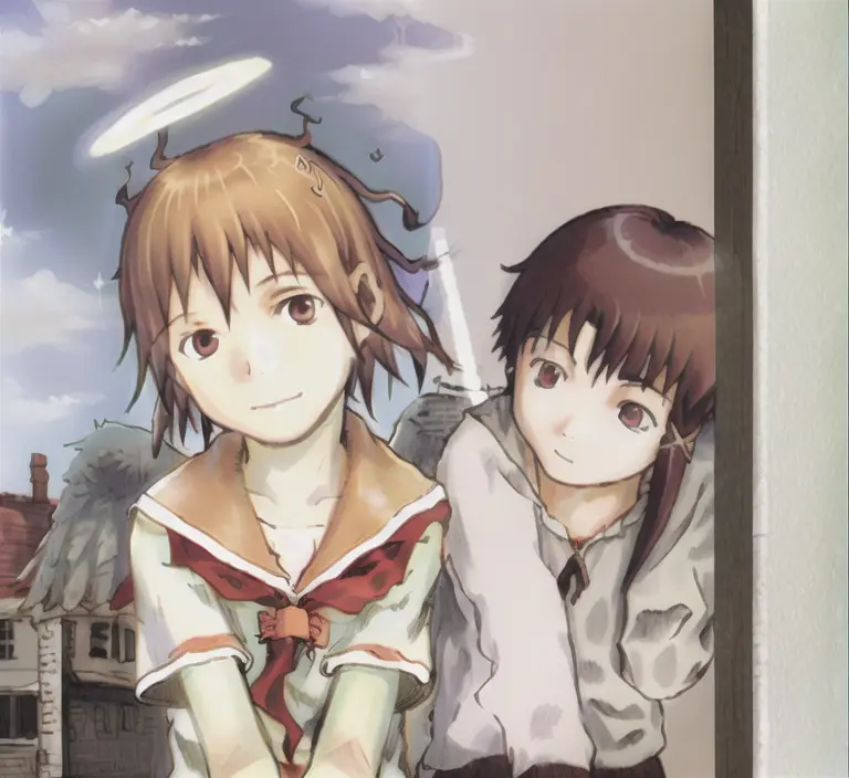 (masterpiece:1.3),(best quality:1.3),2girls,simple background
AND <lora:grey-000018:0.7>,2girls,orange sailor collar, angel, wings, halo, angel wings, brown hair, feathered wings, short hair, sailor collar, brown eyes, school uniform
AND <lora:lain2-000018:0.7> , 2girls,hair ornament, brown hair,  short hair, x hair ornament, brown eyes, asymmetrical hair