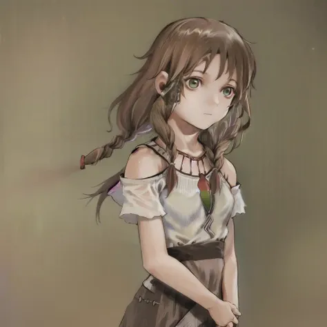 (masterpiece:1.3),(best quality:1.3),good background,1girl, solo, braid, twin braids, brown hair, green eyes, bare shoulders, long hair, upper body