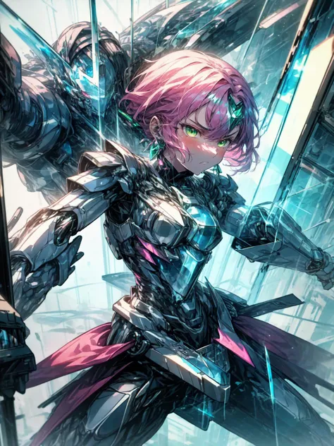 best quality,<lora:add_detail:0.3>, (1girl, solo, adult female, mature female), <lora:concept_goodHands:1>, <lora:detailed_eyes:1>, pink hair, green eyes, 
<lora:style_glassSteelAI_(GlassSteelAI):0.95>, GlassSteelAI, GlassSteelAI Mulberry armor, (glass armor),
<lora:concept_AMechaSSS[color_theme,mecha musume, mechanical parts,robot joints,headgear]:0.8>, mecha musume,  serious face, narrowed eyes,