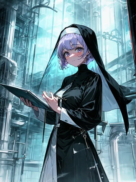 best quality,<lora:add_detail:0.3>, (1girl, solo, adult female, mature female), <lora:concept_goodHands:1>, <lora:detailed_eyes:1>, light purple hair, shaggy hair,
<lora:style_glassSteelAI_(GlassSteelAI):1>, GlassSteelAI,  GlassSteelAI nun, GlassSteelAI chruch, covered head, nun habit, cowboy shot