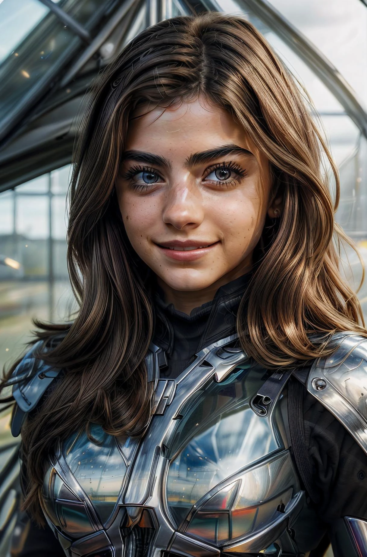 ((best quality)), ((masterpiece)), (detailed) realistic photo of Chaya, portrait, solo, (full body:0.6), looking at viewer, detailed background, detailed face, (<lora:GlassSteelAI:0.9> GlassSteelAI theme:1.1), intense expression, dynamic pose, glass-cyborg, (made of glass:1.1), translucent, colorful, champion, crystal armor, dirty glass, arcane, power source, magical patterns, floating particles, crackling electricity, reflections, wind, battlefield in background, epic atmosphere, sharp focus, brilliant eyes, ((both eyes are the same)), erotic beauty, posing, staring sexily at the camera, goofy smile, HairDetail <lora:more_details:1> real reflections,