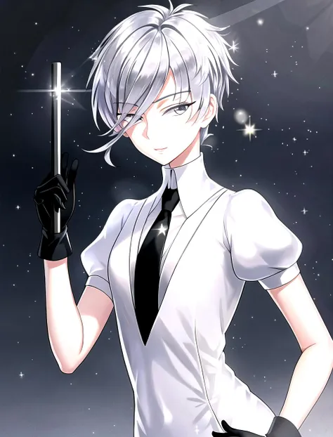 masterpiece, 8k uhd, absurdres, gorgeous girl, skinny, flat chest, very short grey hair, glare, (sparkling hair,:1.1) short black gloves, white suit, black tie, sunny day, winter <lora:Antarcticite_V3:0.8>