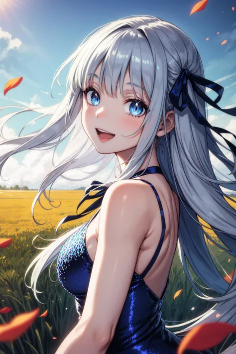 masterpiece, best quality, 1girl, long blue hair, hair ribbon, bangs, blue eyes, portrait, long silver sequin dress, night, field, cattail, wind, smile, open mouth, glowing petals, vivid colors