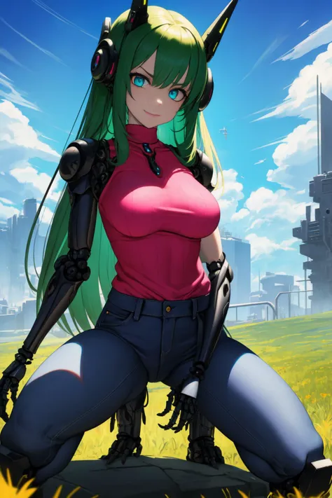 dystopian style expressionist biomechanical style <lora:mttck_v3:1> masterpiece, best quality, 1girl, long green hair, blue eyes, meadow, on knees, white tank top, jeans, pink sweater around waist, smile, breeze, clouds . blend of organic and mechanical elements, futuristic, cybernetic, detailed, intricate . raw, emotional, dynamic, distortion for emotional effect, vibrant, use of unusual colors, detailed . bleak, post-apocalyptic, somber, dramatic, highly detailed