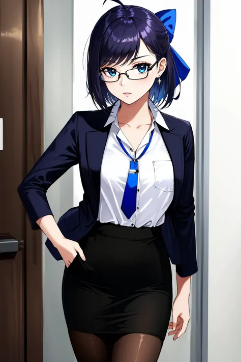 (masterpiece, best quality),  intricate details,
1girl,   
 <lora:achan ho****ve-lora-nochekaiser:0.8> achan ho****ve, ahoge, purple hair, black-framed eyewear, blue eyes, glasses, hair bow, half updo, medium hair, short hair, sidelocks, (swept bangs:1.5),, black jacket, black pantyhose, black skirt, black thighhighs, blazer, blouse, buttons, collarbone, collared shirt, dress shirt, earrings, formal, jacket, jewelry, lanyard, office lady, pantyhose, pencil skirt, popped collar, shirt, shirt tucked in, short sleeves, skirt, skirt suit, suit, thighhighs, tie clip, white shirt, black shirt, collarbone, denim, glasses, jeans, pants, pocket, shirt,