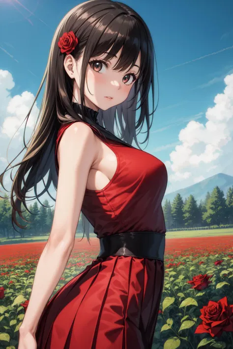 masterpiece, best quality, (1girl:1.2), rose field, from side,( looking at viewer:1.1), black and red dress, pleated skirt