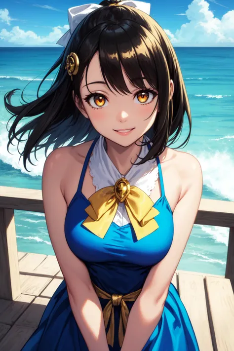 masterpiece, best quality, 1girl, close up, medium black hair, golden eyes, long blue dress, white bow, gold brooch, ocean in background, boardwalk, railing, smile, gentle breeze