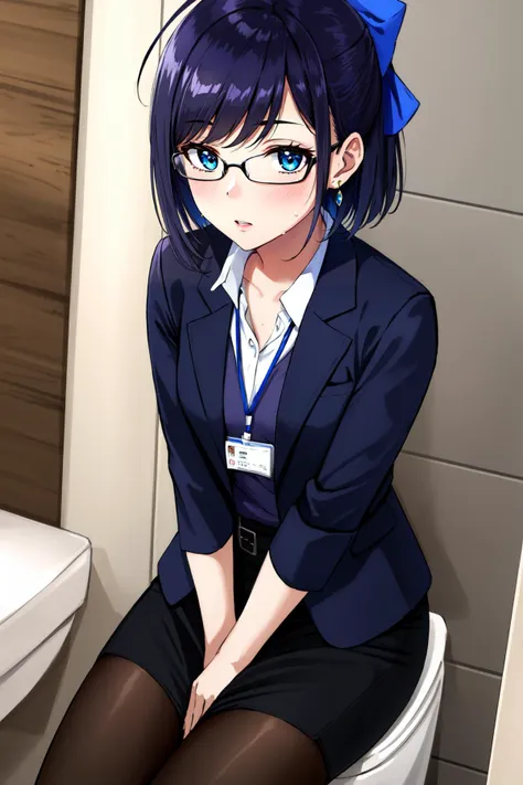 (masterpiece, best quality),  intricate details,
1girl,   
 <lora:achan ho****ve-lora-nochekaiser:0.8> achan ho****ve, ahoge, purple hair, black-framed eyewear, blue eyes, glasses, hair bow, half updo, medium hair, short hair, sidelocks, (swept bangs:1.5),, black jacket, black pantyhose, black skirt, black thighhighs, blazer, blouse, buttons, collarbone, collared shirt, dress shirt, earrings, formal, jacket, jewelry, lanyard, office lady, pantyhose, pencil skirt, popped collar, shirt, shirt tucked in, short sleeves, skirt, skirt suit, suit, thighhighs, tie clip, white shirt, black shirt, collarbone, denim, glasses, jeans, pants, pocket, shirt,
sweating, indoors, bathroom, toilet,