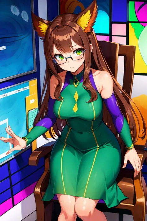stained glass style expressionist psychedelic style <lora:mttck_v3:1> masterpiece, best quality, 1girl, portrait, chair, legs, long brown hair, glasses, green eyes, long grey plaid dress, looking at viewer, wall, bulletin board . vibrant colors, swirling patterns, abstract forms, surreal, trippy . raw, emotional, dynamic, distortion for emotional effect, vibrant, use of unusual colors, detailed . vibrant, beautiful, translucent, intricate, detailed