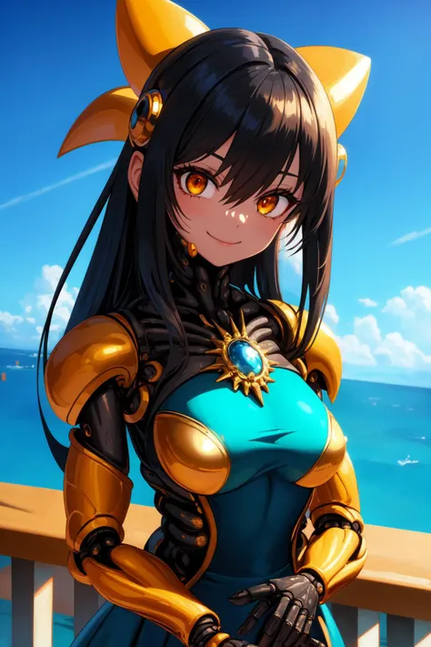biomechanical cyberpunk expressionist <lora:mttck_v3:1> masterpiece, best quality, 1girl, close up, medium black hair, golden eyes, long blue dress, white bow, gold brooch, ocean in background, boardwalk, railing, smile, gentle breeze . raw, emotional, dynamic, distortion for emotional effect, vibrant, use of unusual colors, detailed . cybernetics, human-machine fusion, dystopian, organic meets artificial, dark, intricate, highly detailed
