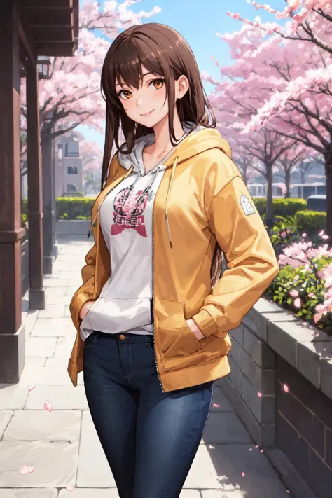 masterpiece, best quality, 1girl, long brown hair, hazel eyes, hoodie jeans, courtyard, cherry blossoms, smile, breasts, hands in pockets