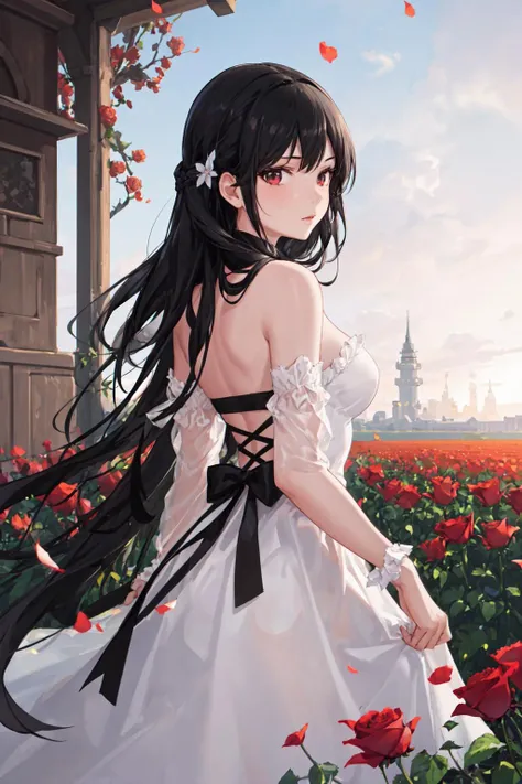 masterpiece, best quality, detailed, 1girl, long black hair, field of roses