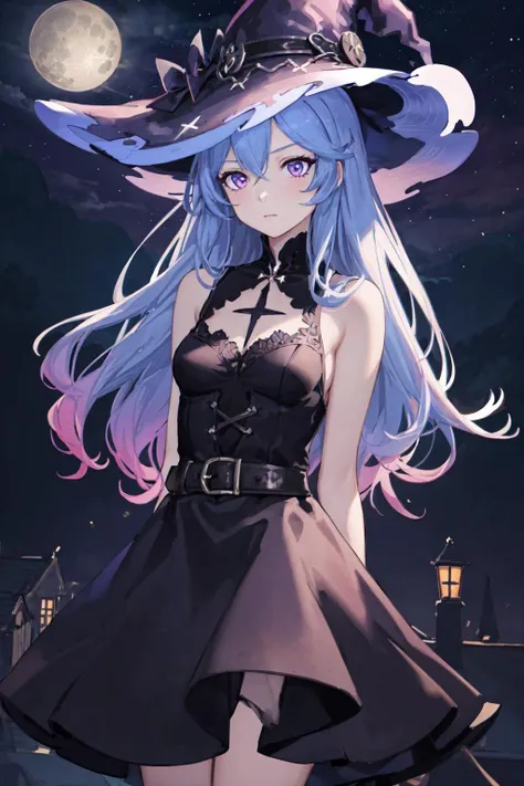 masterpiece, best quality, detailed, 1girl, night sky, stars, arms at sides, levitating, witch hat, gothic two toned dress, detailed eyes, purple eyes, multicolored hair, long light blue hair, arms behind back