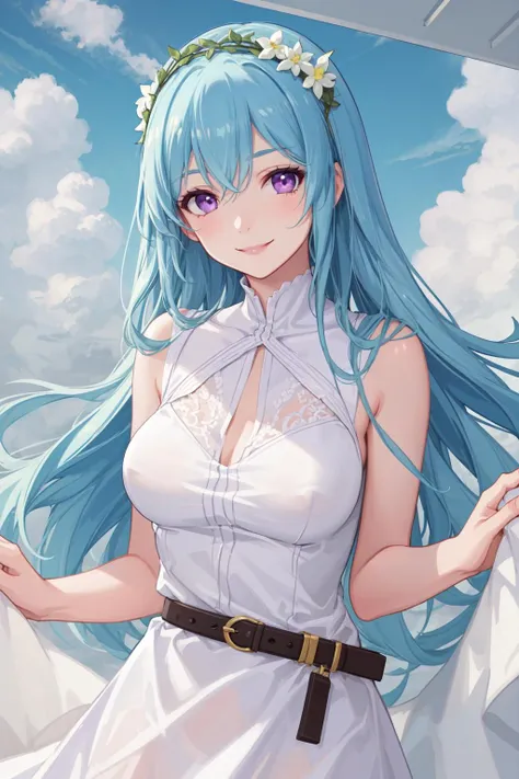 masterpiece, best quality, 1girl, very long cyan hair, purple eyes, upper body, detailed, flower circlet, (clouds:1.4), yellow under shirt, white carpet, long white dress, belt, smile