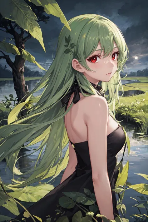 masterpiece, best quality, 1girl, red eyes, very long hair, swamp, dark cloudy sky, leaf dress, upper body, from side, looking at viewer