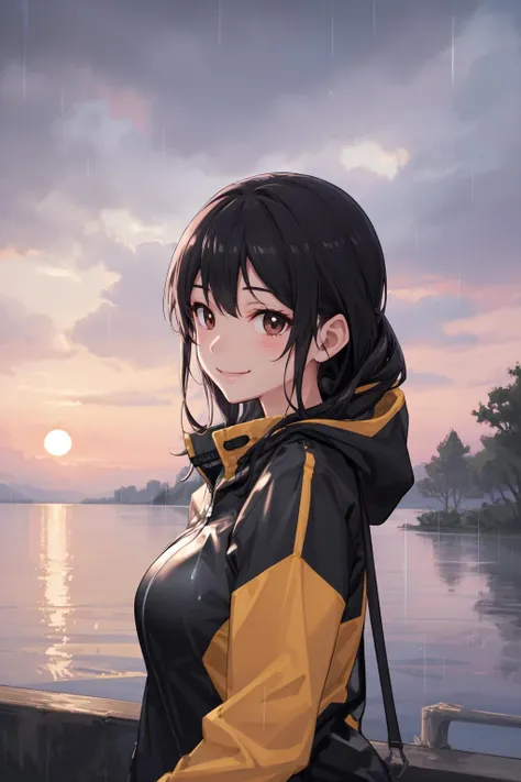 masterpiece, best quality, detailed, 1girl, rain jacket, close jacket, sunset, rain, smile