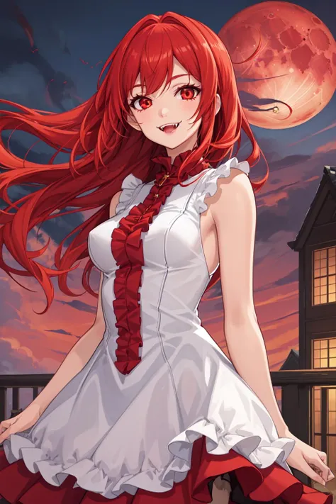 masterpiece, best quality, detailed, 1girl, mature female, crimson sky, arms at sides, red crimson moon, vampire,( red undershirt:1.1), long two toned frilled dress, gentle breeze, smile, fangs, (medium breasts:1.2)