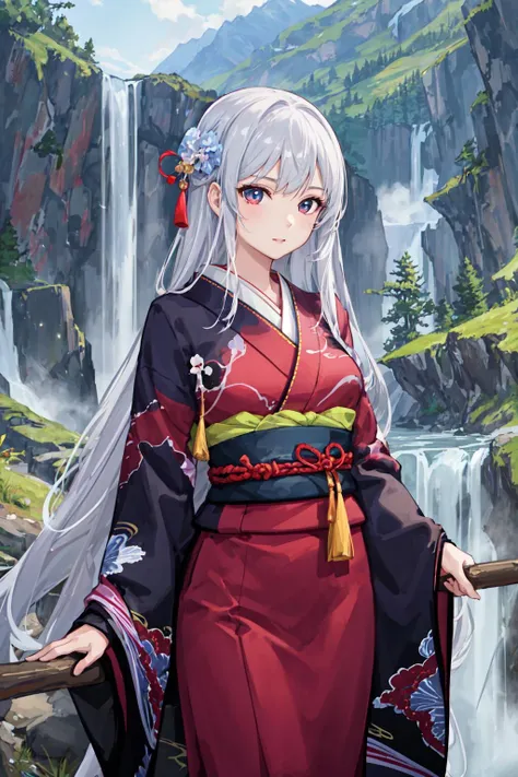 masterpiece, best quality, 1girl, very long hair, kimono, buttons, belt, long sleeves, waterfall, stream, vast mountains