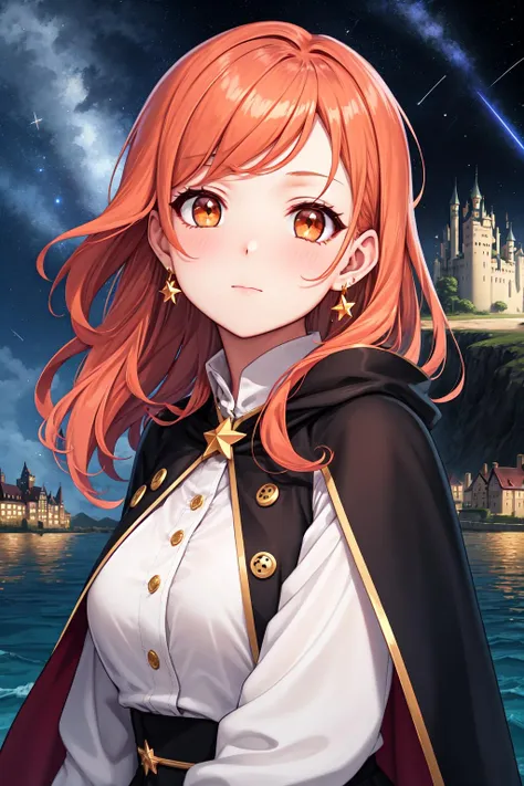 masterpiece, best quality, 1girl, close up, face focus, long black dress, gold buttons, cape, blouse, earrings, very long orange hair, hazel eyes,( castle in background:1.2), [houses], ocean, starry sky, buttons, serene expression, shooting star, soft lighting,