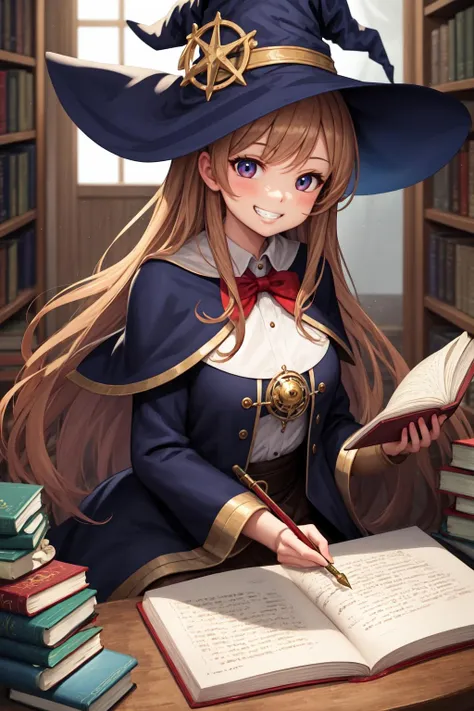 masterpiece, best quality, detailed, 1girl, magic circle, witch, interior, books, grin