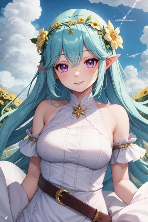 masterpiece, best quality, 1girl, very long cyan hair, purple eyes, upper body, detailed, flower circlet, (clouds:1.4), yellow under shirt, white carpet, long white dress, belt, smile