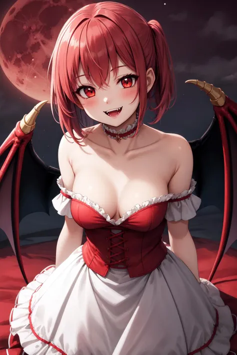 masterpiece, best quality, detailed, 1girl, mature female, crimson sky, arms at sides, red crimson moon, vampire,( red undershirt:1.1), long two toned frilled dress, gentle breeze, smile, fangs, (medium breasts:1.2)