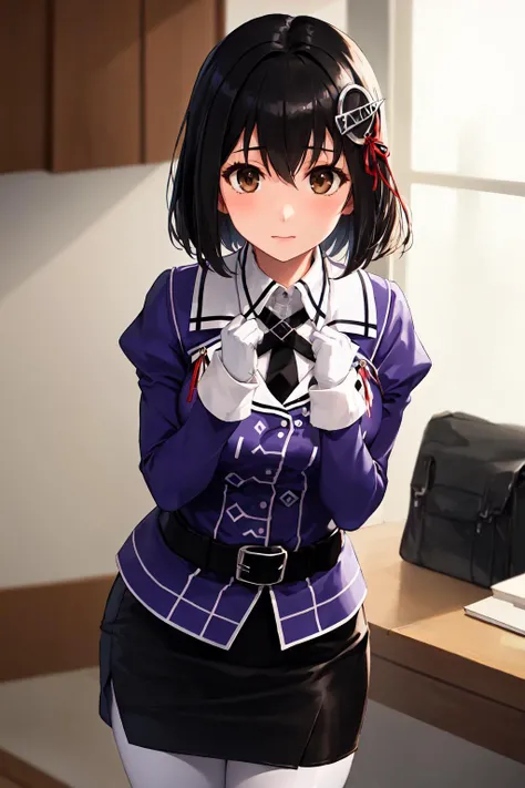 <lora:HaguroKancolle:1>, 1girl, solo,
haguro \(kancolle\), short hair, black hair, brown eyes, hair ornament,
military uniform, purple jacket, black necktie, white gloves, black belt, black skirt, miniskirt, pencil skirt, white pantyhose,
indoors,