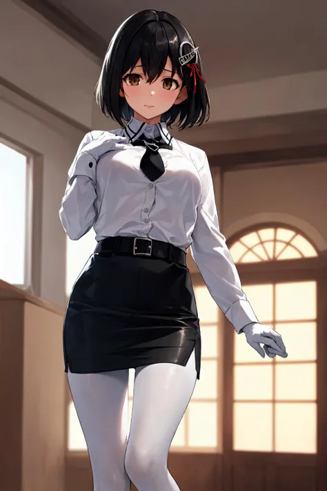 <lora:HaguroKancolle:1>, 1girl, solo,
haguro \(kancolle\), short hair, black hair, brown eyes, hair ornament,
white shirt, collared shirt, long sleeves, black necktie, white gloves, black skirt, miniskirt, pencil skirt, white pantyhose,
indoors,