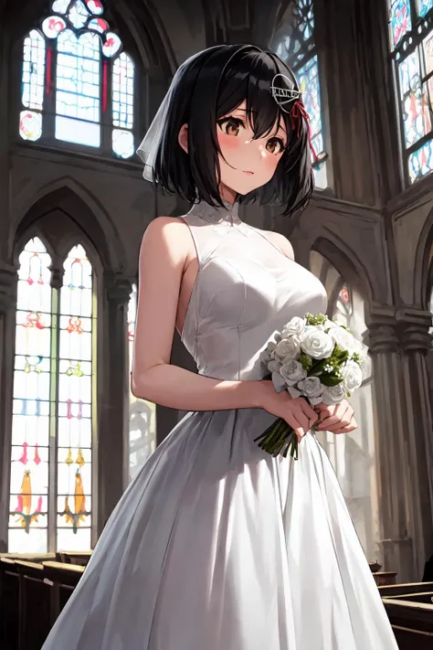 <lora:HaguroKancolle:1>, 1girl, solo,
haguro \(kancolle\), short hair, black hair, brown eyes, hair ornament,
wedding dress, church,