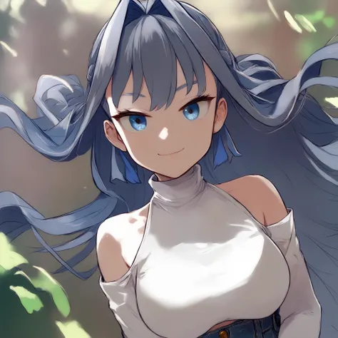 score_9, score_8_up, score_7_up, smile, <lora:CHAR-OuroKroniiPonyXL:1>, KroniiCasual, long hair, hair intakes, white turtleneck, long sleeves, bare shoulders, jeans, <lora:Style_Asanagi_XL_ff:1> 1girl, breasts,