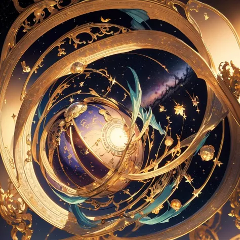 (best quality,4k,8k,highres,masterpiece:1.2),ultra-detailed,(realistic,photorealistic),A mysterious celestial globe,celestial globe,planetarium,mysterious,celestial,ancient,stars,planets,secrets of the universe,astronomer's tool,elaborate design,ornate engravings,metallic shine,intricate details,mystical symbols,golden accents,star charts,alignment of celestial bodies,cosmic knowledge,ethereal glow,esoteric craftsmanship,divination,,