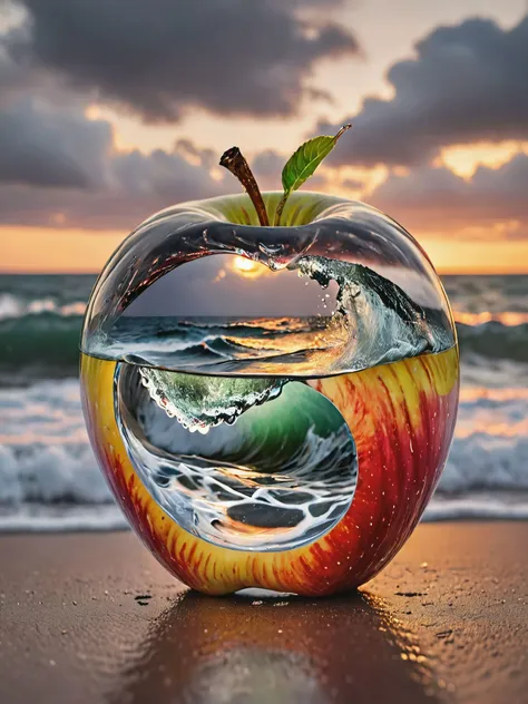 Imagine a photograph capturing an extraordinary and surreal subject: a transparent apple, crystal clear and perfectly formed, revealing a highly detailed, tumultuous miniature sea raging within. The apple sits boldly in the center of the frame, its smooth, glass-like surface reflecting light and offering a window into the dynamic scene inside. Within, the stormy sea is a marvel of miniaturization - tiny waves crest and crash with realistic ferocity, and if one looks closely, minute flashes of lightning and swirls of wind can be discerned, adding to the tempest's drama. The background of the photo is intentionally simple, perhaps a soft, neutral color or a subtle gradient, ensuring that all attention is drawn to the striking contrast between the serene exterior of the apple and the wild, chaotic seascape it contains. The lighting is key, illuminating the apple in a way that highlights the intricate details of the storm inside while maintaining the overall clarity and impact of the image. <lora:sd_xl_dpo_lora_v1:0.1>, (extremely detailed, realistic, perfect lighting, vibrant colors,intricate details),((freckles:0.3),high detailed skin:1.3), best quality, masterpiece, highres, absurdres, incredibly absurdres, huge filesize, wallpaper, colorful,8K,RAW photo <lora:RMSDXL_Creative:1.2> <lora:add-detail-xl:0.8> <lora:DetailedEyes_V3:0.7> <lora:RMSDXL_Enhance:2>