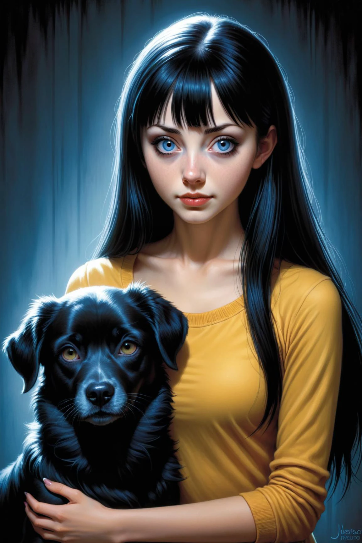 by Lori Earley and Stuart Immonen in the style of Junji Ito, cute 18 year old woman and her dog, digital painting <lora:digital_painting_envy01:1.00>, by Joe Jusko and Alex Horley-Orlandelli <lora:more_art:0.30><lora:clothing_slider:2.00><lora:great_lighting:1.30><lora:aesthetic:1.15><lora:photorealistic_portrait:1.25><lora:RMSDXL_Enhance:0.45><lora:RMSDXL_Creative:0.35><lora:RMSDXL_Photo:0.45><lora:RMSDXL_Darkness_Cinema:0.50><lora:XDetail_heavy:0.45><lora:perfect_eyes:0.15><lora:perfect_hands:0.15><lora:midjourney:-0.15><lora:looking_at_viewer:0.75><lora:dpo:0.25>