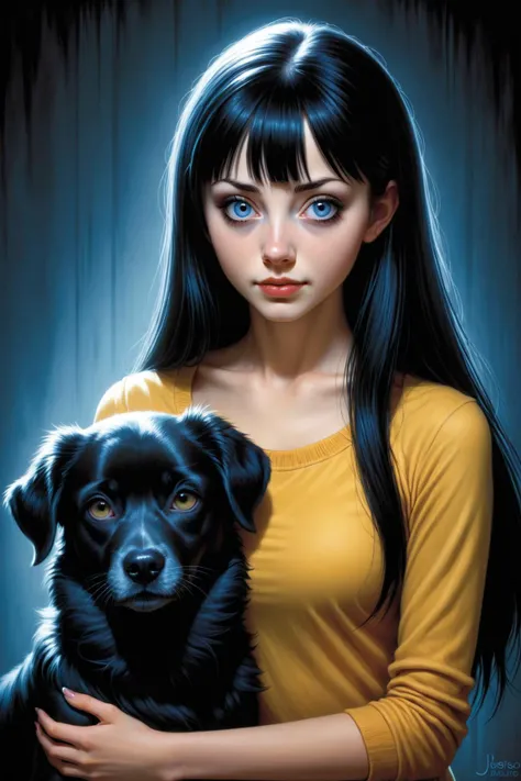 by Lori Earley and Stuart Immonen in the style of Junji Ito, cute 18 year old woman and her dog, digital painting <lora:digital_painting_envy01:1.00>, by Joe Jusko and Alex Horley-Orlandelli <lora:more_art:0.30><lora:clothing_slider:2.00><lora:great_lighting:1.30><lora:aesthetic:1.15><lora:photorealistic_portrait:1.25><lora:RMSDXL_Enhance:0.45><lora:RMSDXL_Creative:0.35><lora:RMSDXL_Photo:0.45><lora:RMSDXL_Darkness_Cinema:0.50><lora:XDetail_heavy:0.45><lora:perfect_eyes:0.15><lora:perfect_hands:0.15><lora:midjourney:-0.15><lora:looking_at_viewer:0.75><lora:dpo:0.25>