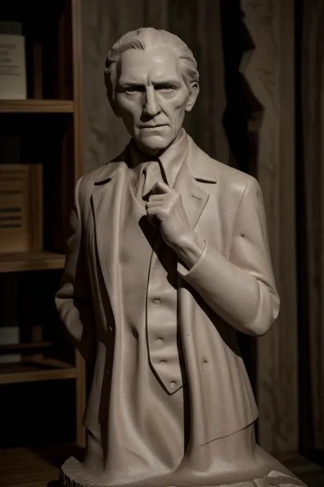 rough (grey stone sculpture) of pco1 man,<lora:PeterCushingOld:0.8>,vampire hunter clothing,elegant pose,smooth texture,fierce expression. The figure stands on a bookshelf. medium half body shot ,<lora:sd_v15_dpo_lora_v1:0.8>, <lora:pytorch_lora_weights_sd1-5:1>