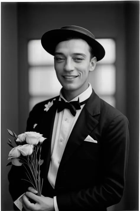 <lora:sd_v15_dpo_lora_v1:0.8>,<lora:Buster Keaton-3.0a:1>,Buster Keaton hat (smiling) and holing a bouquet of flowers, 1930s photo, <lora:pytorch_lora_weights_sd1-5:1>